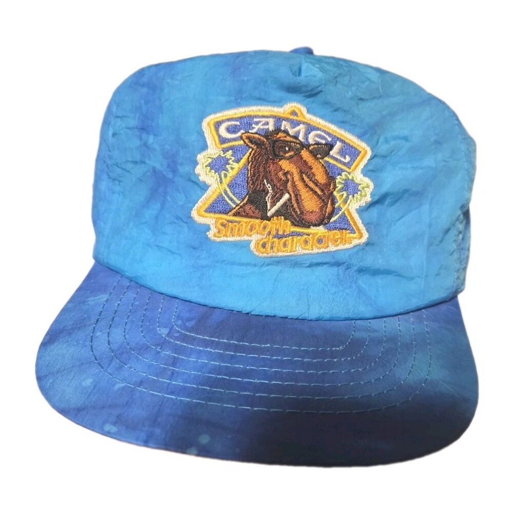 Vintage Joe Camel Hat Snapback Blue Acid Wash Crinkle Nylon Smooth Character 90s